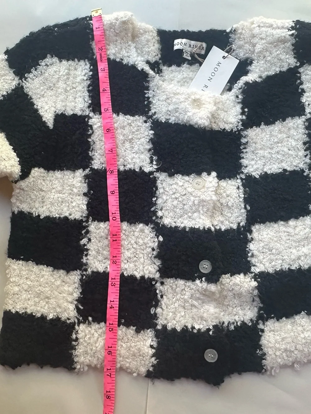 Moon River Checkerboard Fuzzy Cropped Cozy Cardigan Sweater Black/Ivory XS NWT!